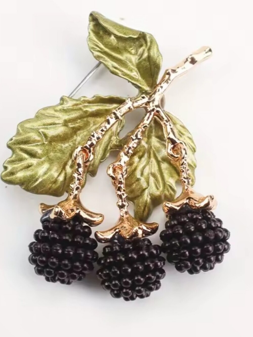 New! Blackberry Cluster Brooch with Green Enamel Leaves • NWOT #1080